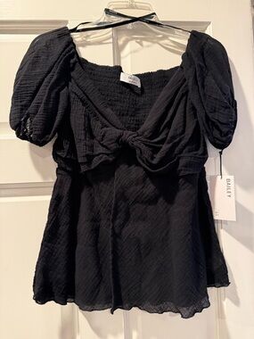 Bailey 44 Black Short Puff-Sleeve twist front empire waist smocked back Top